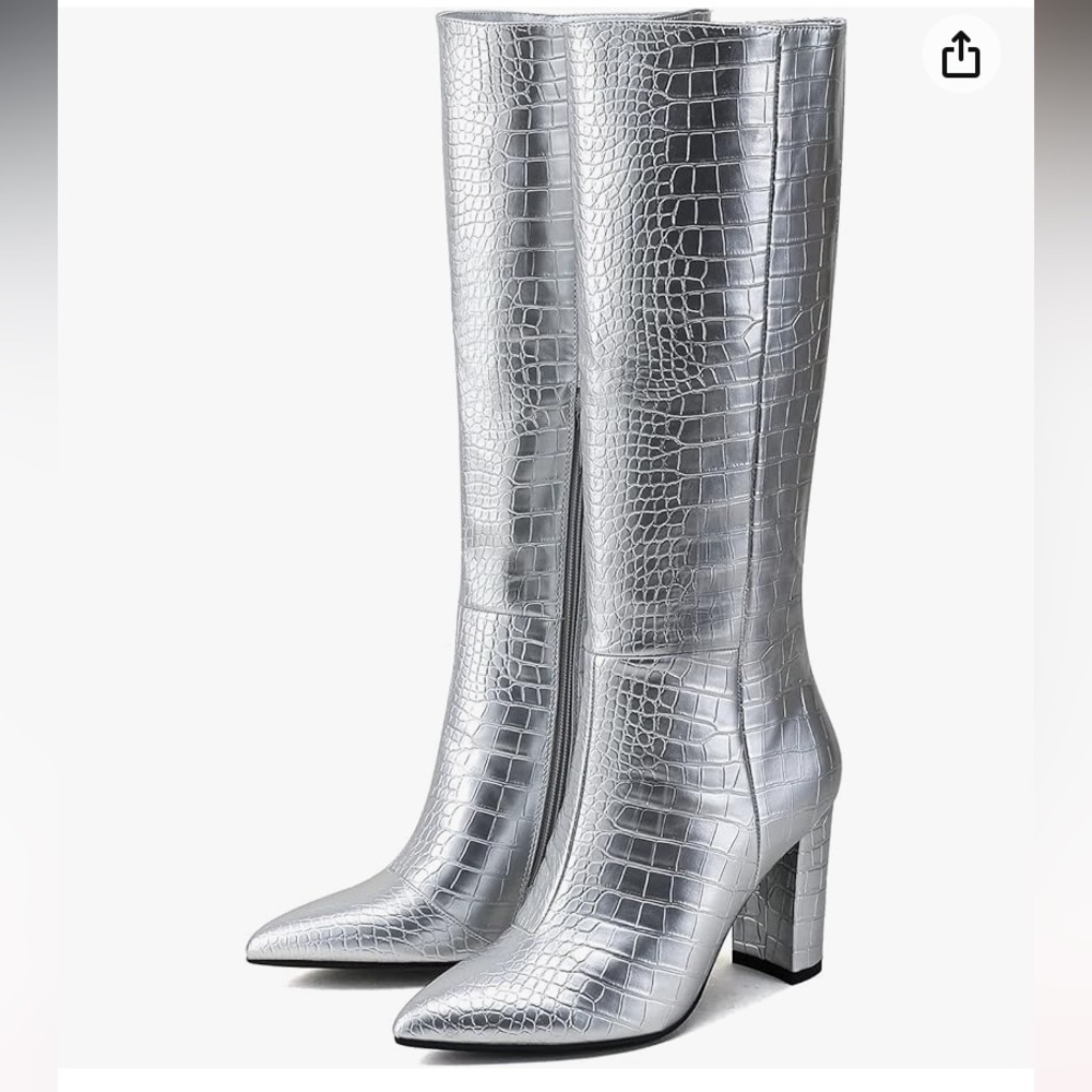Amazon Silver Croc-Embossed Knee-High Block Heel Boots